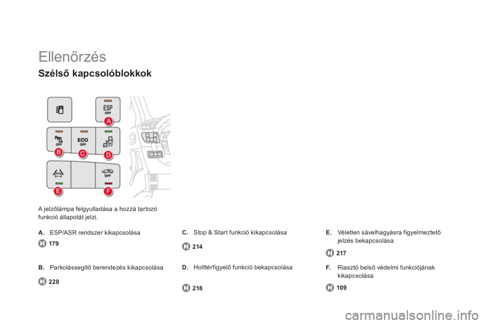 CITROEN DS4 2013  Kezelési útmutató (in Hungarian)   Ellenőrzés 
 A jelzőlámpa felgyulladása a hozzá tar tozó 
funkció állapotát jelzi.
Szélső kapcsolóblokkok
179
B.Parkolássegítő berendezés kikapcsolása 
228
C. 
  Stop & Star t funk