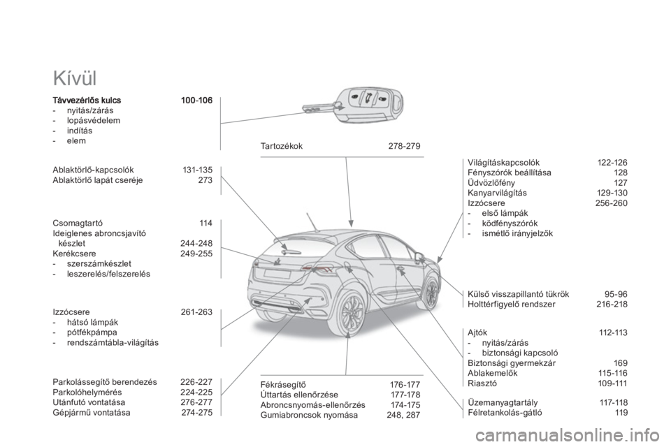 CITROEN DS4 2011  Kezelési útmutató (in Hungarian)   Kívül  
-  nyitás/zárás 
-  lopásvédelem 
-  indítás 
-  elem  
 
   
Vilá
gít áskapc solók 12 2-126
  Fényszórók beállítása  128
 Üdvözlőfény 127
  Kanyarvilágítás 129 -13