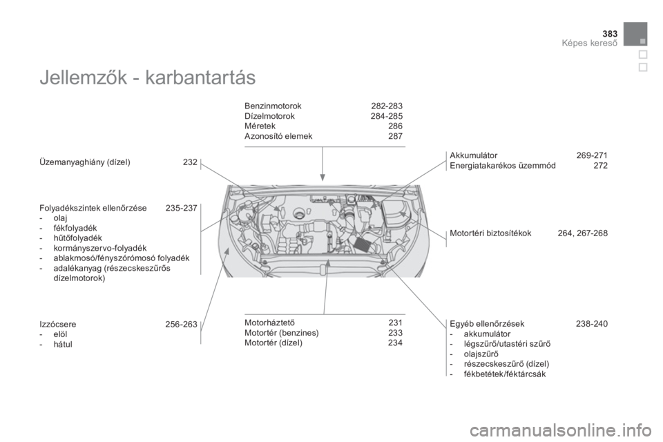 CITROEN DS4 2011  Kezelési útmutató (in Hungarian) 383Képes kereső
 
Jellemzők - karbantartás  
 
 
Üzemanyaghiány (dízel) 232  
   
Folyad
ékszintek ellenőrz