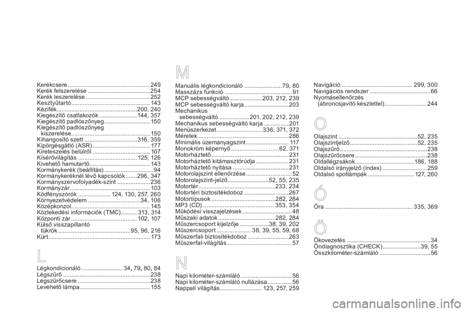 CITROEN DS4 2011  Kezelési útmutató (in Hungarian) M
L
Légkondicionáló.........................34, 79, 80, 84Légszűrő.....................................................238Légszűrőcsere............................................238Levehető