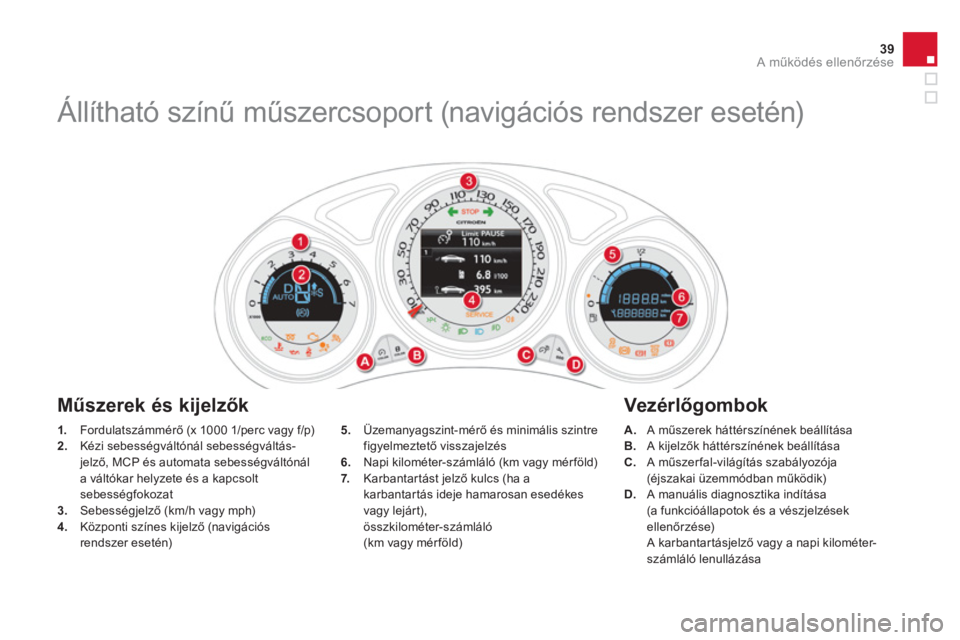 CITROEN DS4 2011  Kezelési útmutató (in Hungarian) 39A működés ellenőrzése
1. 
 Fordulatszámmérő (x 1000 1/perc vagy f/p) 2.Kézi sebességváltónál sebességváltás-jelző, MCP és automata sebességváltónál a váltókar helyzete és a 
