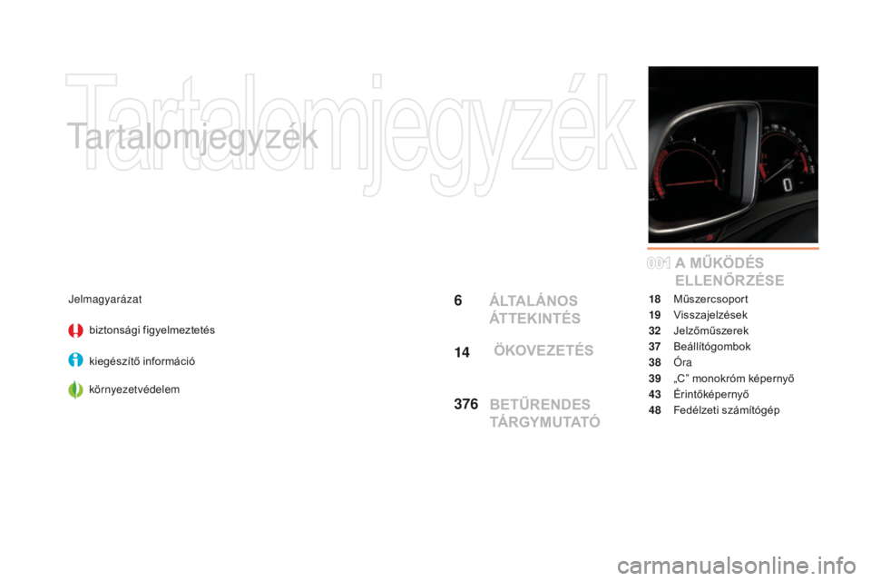 CITROEN DS5 2015 Kezelési útmutató (in Hungarian) 001
DS5_hu_Chap00a_sommaire_ed01-2015
Tartalomjegyzék
6
14
376A MŰKÖDÉS
ELLENŐRZÉSEJelmagyarázat
biztonsági figyelmeztetés
kiegészítő információ
környezetvédelem 18 M
űszercsoport
19 CITROEN DS5 2015 Kezelési útmutató (in Hungarian) 001
DS5_hu_Chap00a_sommaire_ed01-2015
Tartalomjegyzék
6
14
376A MŰKÖDÉS
ELLENŐRZÉSEJelmagyarázat
biztonsági figyelmeztetés
kiegészítő információ
környezetvédelem 18 M
űszercsoport
19
