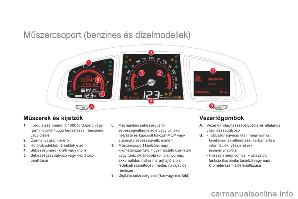 CITROEN DS5 2012  Kezelési útmutató (in Hungarian)    
 
 
 
 
Műszercsoport (benzines és dízelmodellek) 
1. 
 Fordulatszámmérő (x 1000 ford./perc vagy rpm) motortól függő beosztással (benzines
va
gy dízel) 2.   Üzemanyagszint-mérő3.Hűt