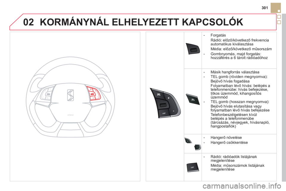 CITROEN DS5 2012  Kezelési útmutató (in Hungarian) 02
SRC



+
-
301
KORMÁNYNÁL ELHELYEZETT KAPCSOLÓK 
-  Forgatás
R
ádió: előző/következő frekvencia automatikus kiv