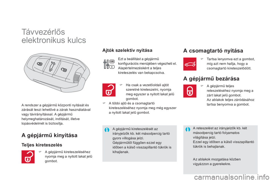 CITROEN DS5 2011  Kezelési útmutató (in Hungarian)    
 
 
 
 
 
 
 
 
 
 
 
 
 
Tá v v e z é r lős  
elektronikus kulcs 
A gépjármű kinyitása
Te ljes kireteszelés   
A
jtók szelektív nyitása  
 
 
 
 
 
 
 
 
 
A csomagtartó nyitása
 A r