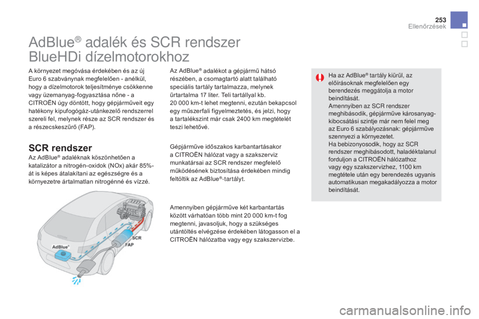 CITROEN DS5 HYBRID 2016  Kezelési útmutató (in Hungarian) 253
DS5_hu_Chap09_verifications_ed02-2015
AdBlue® adalék és SCR rendszer
BlueHDi dízelmotorokhoz
A környezet megóvása érdekében és az új 
Euro 6
  szabványnak megfelelően - anélkül, 
ho