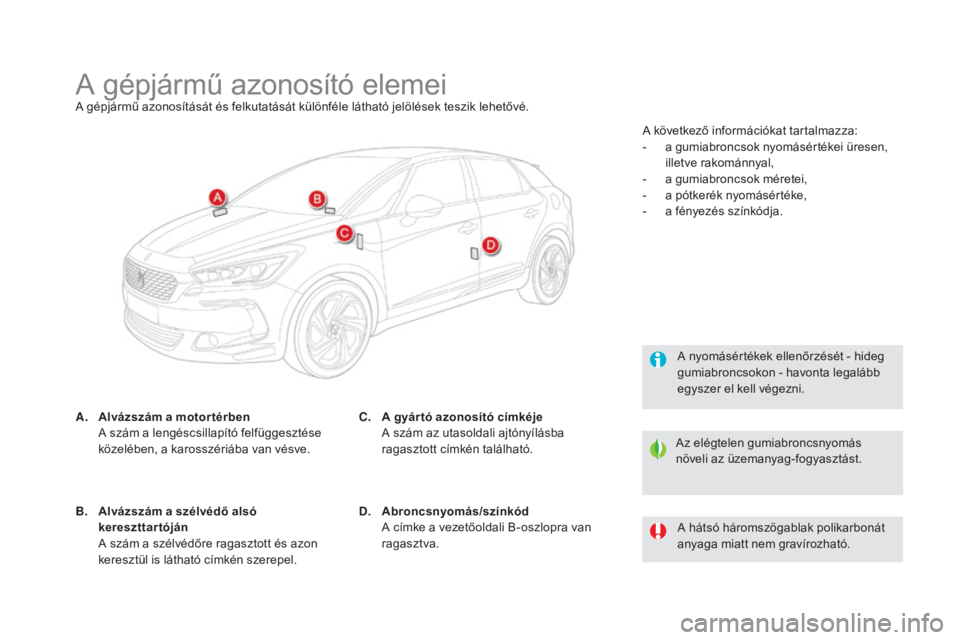 CITROEN DS5 HYBRID 2016  Kezelési útmutató (in Hungarian) DS5_hu_Chap10_caracteristiques_ed02-2015
A gépjármű azonosító elemeiA gépjármű azonosítását és felkutatását különféle látható jelölések teszik lehetővé.
A.
 A
lvázszám a motor