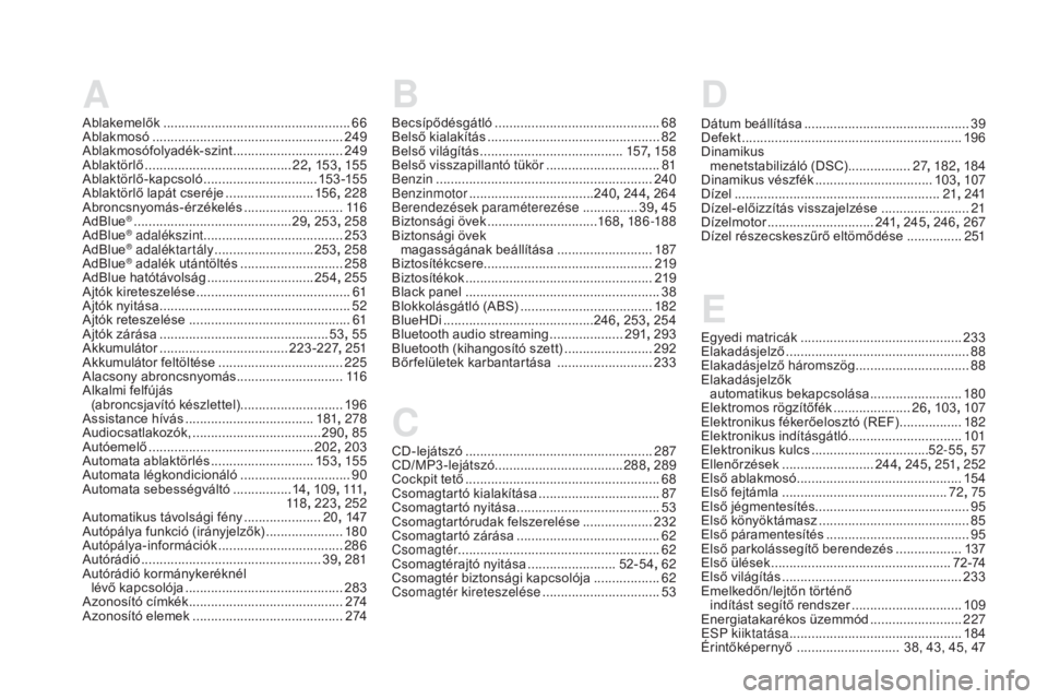 CITROEN DS5 HYBRID 2016  Kezelési útmutató (in Hungarian) A
Ablakemelők ................................................... 66
Ablakmosó  .................................................... 249
Ablakmosófolyadék-szint
 

..............................24