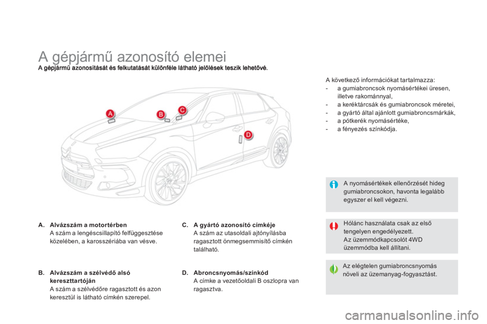 CITROEN DS5 HYBRID 2012  Kezelési útmutató (in Hungarian)    
 
 
 
 
 
 
 
 
 
 
 
 
 
 
 
 
 
 
 
 
 
 
A gépjármű azonosító elemei 
A.Alvázszám a motor térben
A szám a lengéscsillapító felfüggesztéseközelében, a karosszériába van vésve.