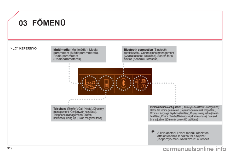 CITROEN DS5 HYBRID 2012  Kezelési útmutató (in Hungarian) 312
03
Multimedia   (Multimédia): Mediaparameters (Médiaparaméterek), Radio parameters(Rádióparaméterek) 
 
 
 
A kiválasztani kívánt menük részletes áttekintéséhez lapozza fel a fejezet