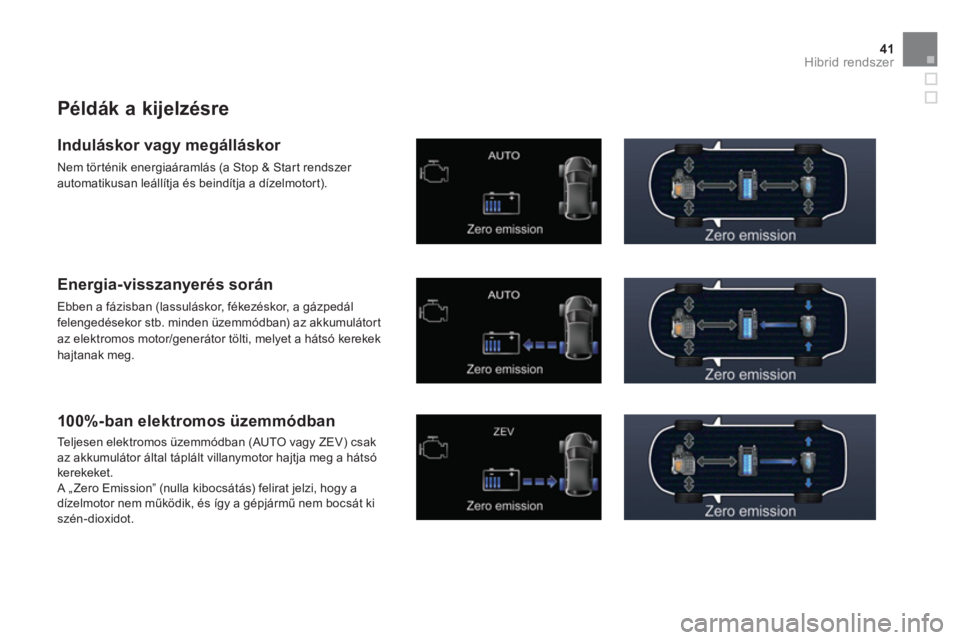 CITROEN DS5 HYBRID 2012  Kezelési útmutató (in Hungarian) 41Hibrid rendszer
   
Példák a kijelzésre
 
 
Induláskor vagy megálláskor 
 
Nem történik energiaáramlás (a Stop & Star t rendszer 
automatikusan leállítja és beindítja a dízelmotort). 