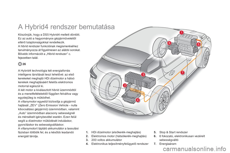 CITROEN DS5 HYBRID 2012  Kezelési útmutató (in Hungarian)    
 
 
 
 
 
 
 
A Hybrid4 rendszer bemutatása  
Köszönjük, hogy a DS5 Hybrid4 mellett döntött.Ez az autó a hagyományos gépjárművek