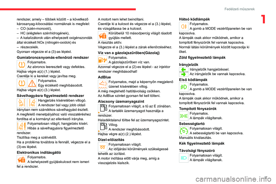CITROEN JUMPER 2020  Kezelési útmutató (in Hungarian) 9
Fedélzeti műszerek
1rendszer, amely – többek között – a következő 
károsanyag-kibocsátási normáknak is megfelel:
–  CO (szén-monoxid),
–  HC (elégtelen szénhidrogének),
–  A