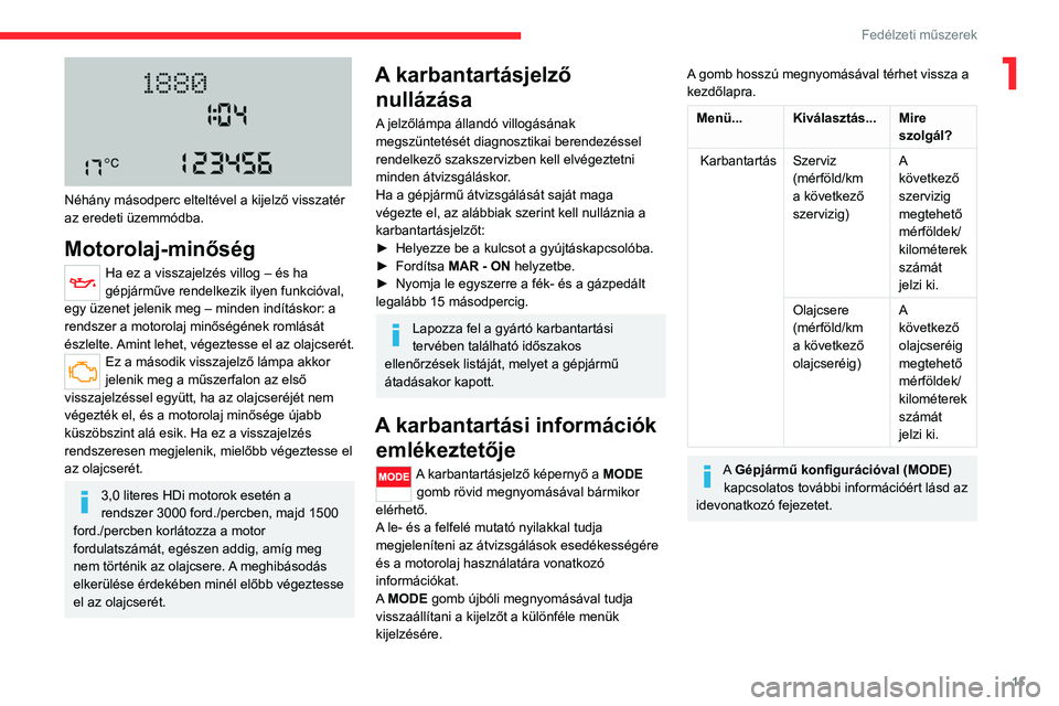 CITROEN JUMPER 2020  Kezelési útmutató (in Hungarian) 11
Fedélzeti műszerek
1
 
Néhány másodperc elteltével a kijelző visszatér 
az eredeti üzemmódba.
Motorolaj-minőség
Ha ez a visszajelzés villog – és ha 
gépjárműve rendelkezik ilyen 