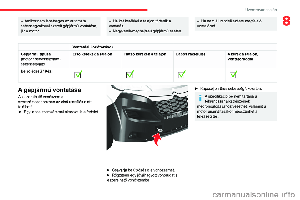 CITROEN JUMPER 2020  Kezelési útmutató (in Hungarian) 129
Üzemzavar esetén
8– Amikor nem lehetséges az automata 
sebességváltóval szerelt gépjármű vontatása, 
jár a motor.–  Ha két kerékkel a talajon történik a 
vontatás.
–  Négyke