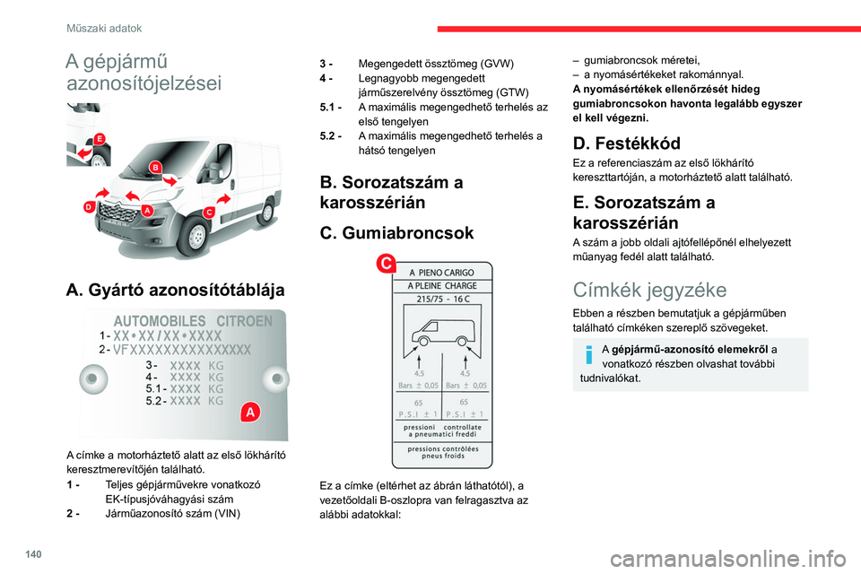 CITROEN JUMPER 2020  Kezelési útmutató (in Hungarian) 140
Műszaki adatok
A motortérben 
 
A
Eredeti festés
Szín
Kód
Festés
B
KIZÁRÓLAG BIKÁZÁSNÁL
C
VESZÉLY
AUTOMATIKUS MOTORINDÍTÁS. HÚZZA KI A 
GYÚJTÁSKULCSOT, HA A MOTORHÁZTETŐ 
NYITVA