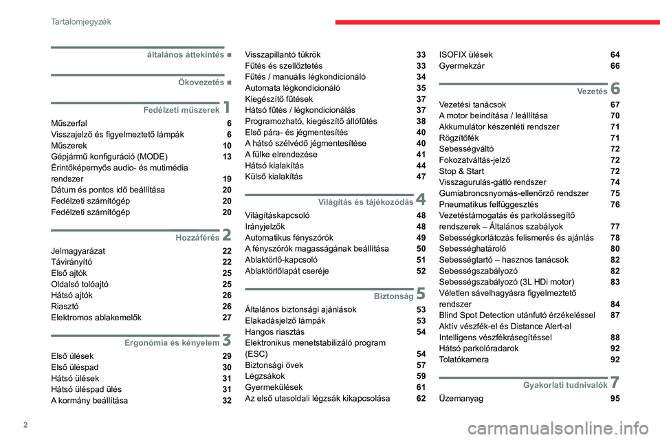 CITROEN JUMPER 2020 Kezelési útmutató (in Hungarian) 2
Tartalomjegyzék
■
általános áttekintés
■
Ökovezetés
1Fedélzeti műszerek
Műszerfal 6
Visszajelző és figyelmeztető lámpák 6
Műszerek 10
Gépjármű konfigur CITROEN JUMPER 2020 Kezelési útmutató (in Hungarian) 2
Tartalomjegyzék
■
általános áttekintés
■
Ökovezetés
1Fedélzeti műszerek
Műszerfal 6
Visszajelző és figyelmeztető lámpák 6
Műszerek 10
Gépjármű konfigur