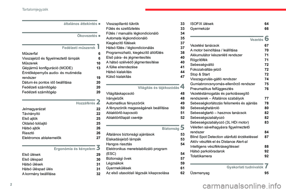 CITROEN JUMPER 2020  Kezelési útmutató (in Hungarian) 2
Tartalomjegyzék
 
 
 
 
 
   ■
általános áttekintés
  ■
Ökovezetés
 1Fedélzeti műszerek
Műszerfal  6
Visszajelző és figyelmeztető lámpák  6
Műszerek  10
Gépjármű konfigur�