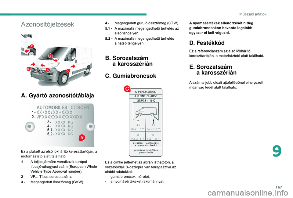 CITROEN JUMPER 2019 Kezelési útmutató (in Hungarian) 167
Azonosítójelzések
A. Gyártó azonosítótáblája
4 - Megengedett guruló össztömeg (GTW).
5.1 - A maximális megengedhető terhelés az
első tengelyen.
5.2 - A maximális megengedhető CITROEN JUMPER 2019 Kezelési útmutató (in Hungarian) 167
Azonosítójelzések
A. Gyártó azonosítótáblája
4 - Megengedett guruló össztömeg (GTW).
5.1 - A maximális megengedhető terhelés az
első tengelyen.
5.2 - A maximális megengedhető