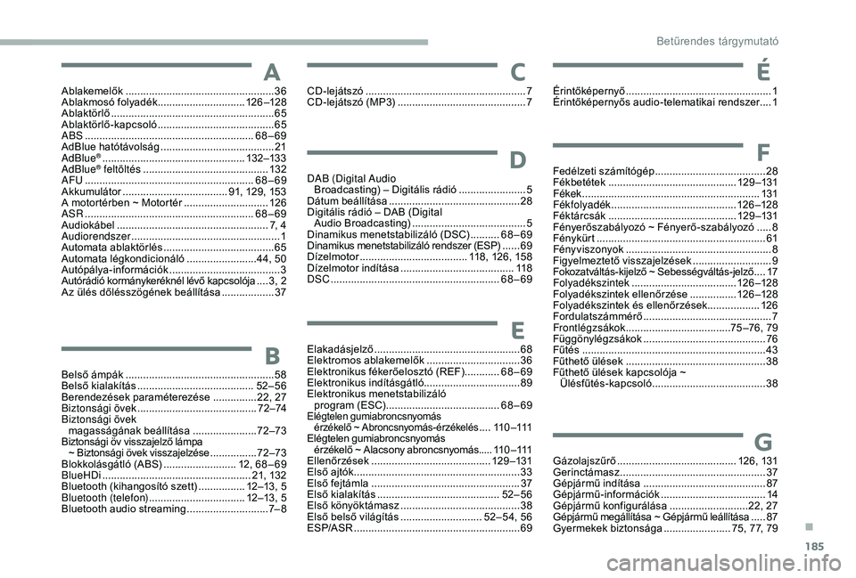 CITROEN JUMPER 2019 Kezelési útmutató (in Hungarian) 185
Ablakemelők ...................................................36
Ablakmosó folyadék .............................. 12
6 –128
Ablaktörlő
...............................
.................. CITROEN JUMPER 2019 Kezelési útmutató (in Hungarian) 185
Ablakemelők ...................................................36
Ablakmosó folyadék .............................. 12
6 –128
Ablaktörlő
...............................
..................