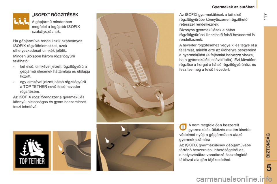 CITROEN JUMPER 2016 Kezelési útmutató (in Hungarian) 117
jumper_hu_Chap05_securite_ed01-2015
„ISOFIX” RöGZíTÉSEK
A gépjármű mindenben
megfelel a legújabb ISOFIX
szabályozásnak.Az ISOFIX gyermekülések a két első
rögzítőgyűrűbe k CITROEN JUMPER 2016 Kezelési útmutató (in Hungarian) 117
jumper_hu_Chap05_securite_ed01-2015
„ISOFIX” RöGZíTÉSEK
A gépjármű mindenben
megfelel a legújabb ISOFIX
szabályozásnak.Az ISOFIX gyermekülések a két első
rögzítőgyűrűbe k