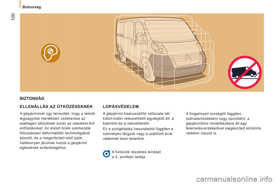 CITROEN JUMPER 2012 Kezelési útmutató (in Hungarian) Biztonság
100
BIZTONSÁG
ELLENÁLLÁ
S AZ ÜTKÖZÉSEKNEK
A gépjárművet úgy tervezték, hogy a lehető
legnagyobb mértékben csökkentse az
esetleges ütközések során az utasteret CITROEN JUMPER 2012 Kezelési útmutató (in Hungarian) Biztonság
100
BIZTONSÁG
ELLENÁLLÁ
S AZ ÜTKÖZÉSEKNEK
A gépjárművet úgy tervezték, hogy a lehető
legnagyobb mértékben csökkentse az
esetleges ütközések során az utasteret
