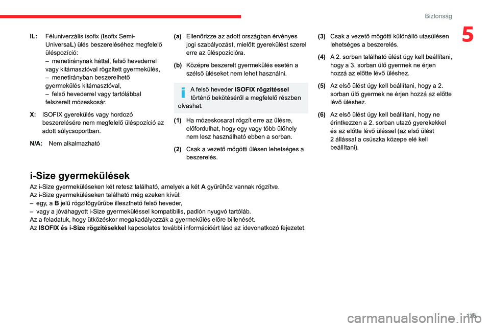 CITROEN JUMPER DISPATCH 2021 Kezelési útmutató (in Hungarian) 135
Biztonság
5IL:Féluniverzális isofix ( Isofix Semi-
Universa L) ülés beszereléséhez megfelelő
üléspozíció:
–
menetiránynak háttal, felső hevederrel
vagy kitámasztóval rögzí CITROEN JUMPER DISPATCH 2021 Kezelési útmutató (in Hungarian) 135
Biztonság
5IL:Féluniverzális isofix ( Isofix Semi-
Universa L) ülés beszereléséhez megfelelő
üléspozíció:
–
menetiránynak háttal, felső hevederrel
vagy kitámasztóval rögzí
