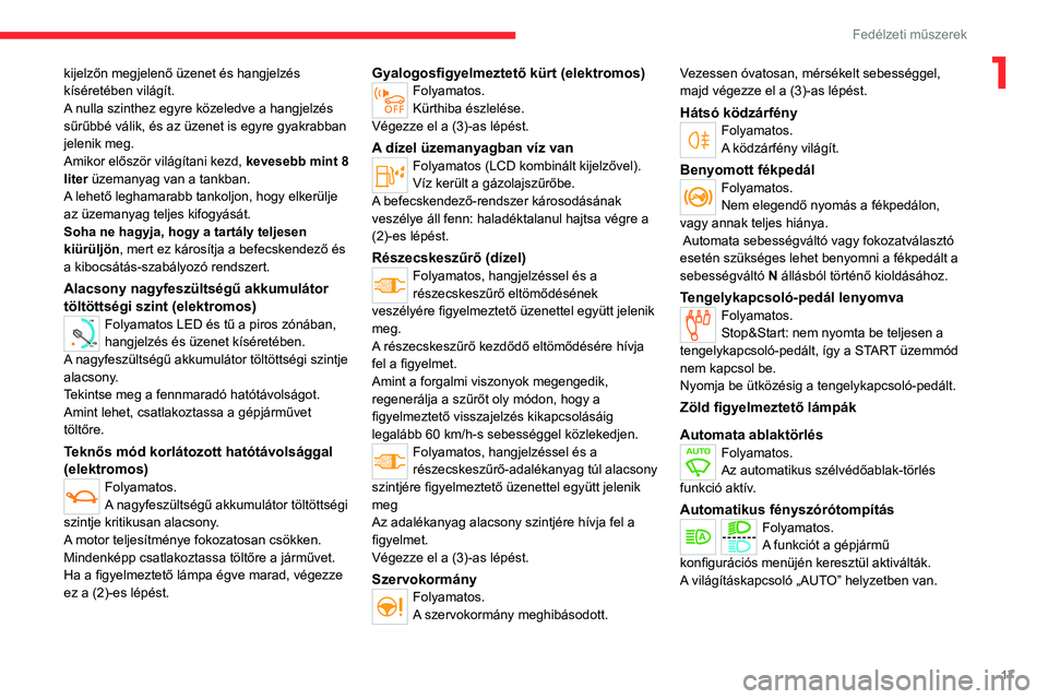 CITROEN JUMPER DISPATCH 2021 Kezelési útmutató (in Hungarian) 17
Fedélzeti műszerek
1kijelzőn megjelenő üzenet és hangjelzés
kíséretében világít.
A nulla szinthez egyre közeledve a hangjelzés
sűrűbbé válik, és az üzenet is egyre gyakrabban CITROEN JUMPER DISPATCH 2021 Kezelési útmutató (in Hungarian) 17
Fedélzeti műszerek
1kijelzőn megjelenő üzenet és hangjelzés
kíséretében világít.
A nulla szinthez egyre közeledve a hangjelzés
sűrűbbé válik, és az üzenet is egyre gyakrabban