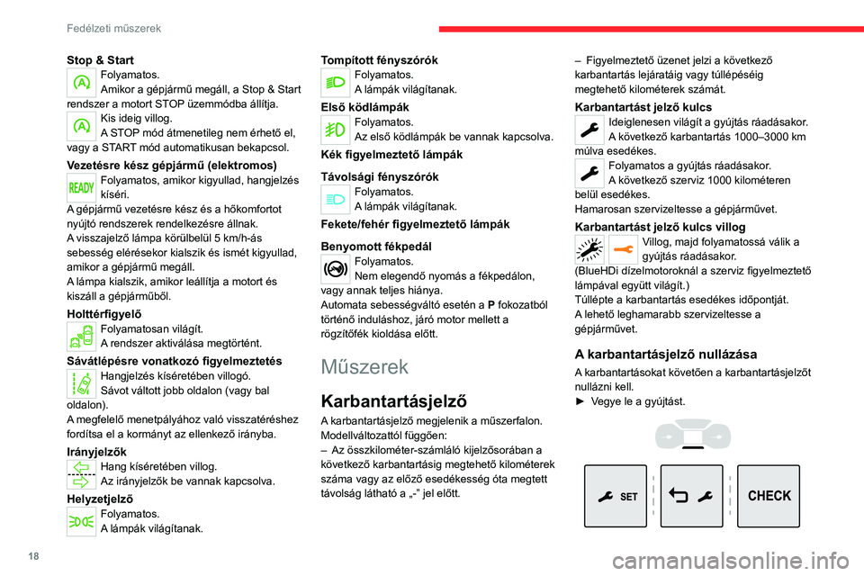 CITROEN JUMPER SPACETOURER 2021  Kezelési útmutató (in Hungarian) 18
Fedélzeti műszerek
Stop & StartFolyamatos.
Amikor a gépjármű megáll, a Stop & Start 
rendszer a motort STOP üzemmódba állítja.
Kis ideig villog.
A STOP mód átmenetileg nem érhető el, 