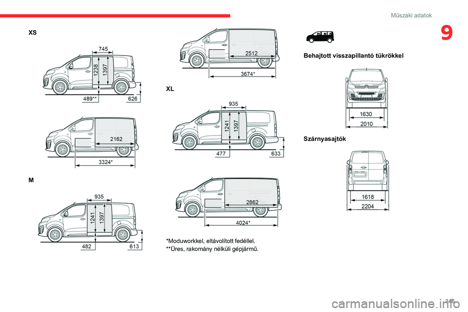 CITROEN JUMPER DISPATCH 2021 Kezelési útmutató (in Hungarian) 245
Műszaki adatok
9XS
M
XL
*Moduworkkel, eltávolított fedéllel.
**Üres, rakomány nélküli gépjármű.
Behajtott visszapillantó tükrökkel
Szárnyasajtók
CITROEN JUMPER DISPATCH 2021 Kezelési útmutató (in Hungarian) 245
Műszaki adatok
9XS
M
XL
*Moduworkkel, eltávolított fedéllel.
**Üres, rakomány nélküli gépjármű.
Behajtott visszapillantó tükrökkel
Szárnyasajtók