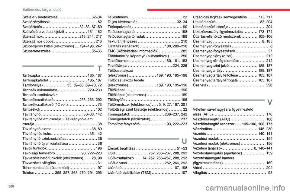 CITROEN JUMPER DISPATCH 2021 Kezelési útmutató (in Hungarian) 308
Betűrendes tárgymutató
Szelektív kireteszelés 32–34
Szellőzőnyílások
82
Szellőztetés
82–83, 87–89
Szélvédőre vetített kijelző
161–162
Szerszámok
21 CITROEN JUMPER DISPATCH 2021 Kezelési útmutató (in Hungarian) 308
Betűrendes tárgymutató
Szelektív kireteszelés 32–34
Szellőzőnyílások
82
Szellőztetés
82–83, 87–89
Szélvédőre vetített kijelző
161–162
Szerszámok
21