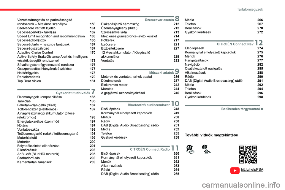 CITROEN JUMPER DISPATCH 2021 Kezelési útmutató (in Hungarian) 3
Tartalomjegyzék
Vezetéstámogatás és parkolássegítő
rendszerek – Általános szabályok 159
Szélvédőre vetített kijelző 161
Sebességértékek tárolása 162
Speed L CITROEN JUMPER DISPATCH 2021 Kezelési útmutató (in Hungarian) 3
Tartalomjegyzék
Vezetéstámogatás és parkolássegítő
rendszerek – Általános szabályok 159
Szélvédőre vetített kijelző 161
Sebességértékek tárolása 162
Speed L
