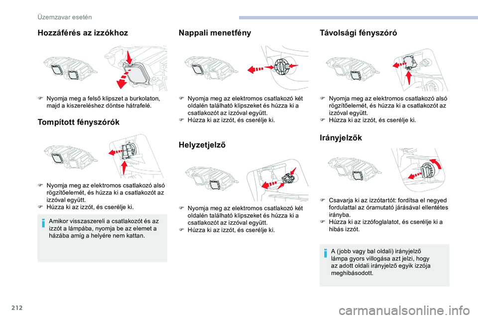 CITROEN JUMPER DISPATCH 2020 Kezelési útmutató (in Hungarian) 212
Hozzáférés az izzókhoz
Tompított fényszórók
Amikor visszaszereli a csatlakozót és az
izzót a lámpába, nyomja be az elemet a
házába amíg a helyére nem kattan.
Nappali menetfény
CITROEN JUMPER DISPATCH 2020 Kezelési útmutató (in Hungarian) 212
Hozzáférés az izzókhoz
Tompított fényszórók
Amikor visszaszereli a csatlakozót és az
izzót a lámpába, nyomja be az elemet a
házába amíg a helyére nem kattan.
Nappali menetfény