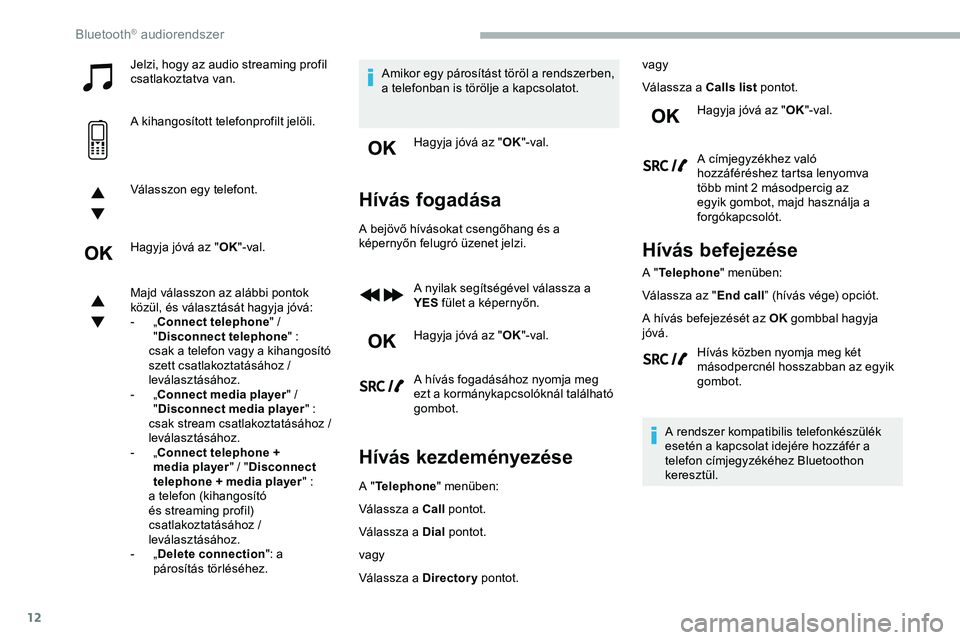 CITROEN JUMPER DISPATCH 2020 Kezelési útmutató (in Hungarian) 12
Jelzi, hogy az audio streaming profil
csatlakoztatva van.
A kihangosított telefonprofilt jelöli.
Válasszon egy telefont.
Hagyja jóvá az "OK"-val.
Majd válasszon az alábbi pontok
k CITROEN JUMPER DISPATCH 2020 Kezelési útmutató (in Hungarian) 12
Jelzi, hogy az audio streaming profil
csatlakoztatva van.
A kihangosított telefonprofilt jelöli.
Válasszon egy telefont.
Hagyja jóvá az "OK"-val.
Majd válasszon az alábbi pontok
k