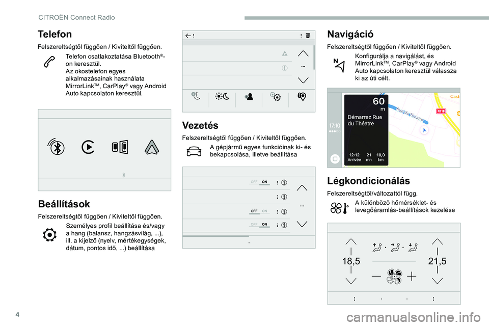 CITROEN JUMPER DISPATCH 2020  Kezelési útmutató (in Hungarian) 4
21,518,5
Telefon
Felszereltségtől függően / Kiviteltől függően.Telefon csatlakoztatása Bluetooth®-
on keresztül.
Az okostelefon egyes 
alkalmazásainak használata 
MirrorLink
TM, CarPlay