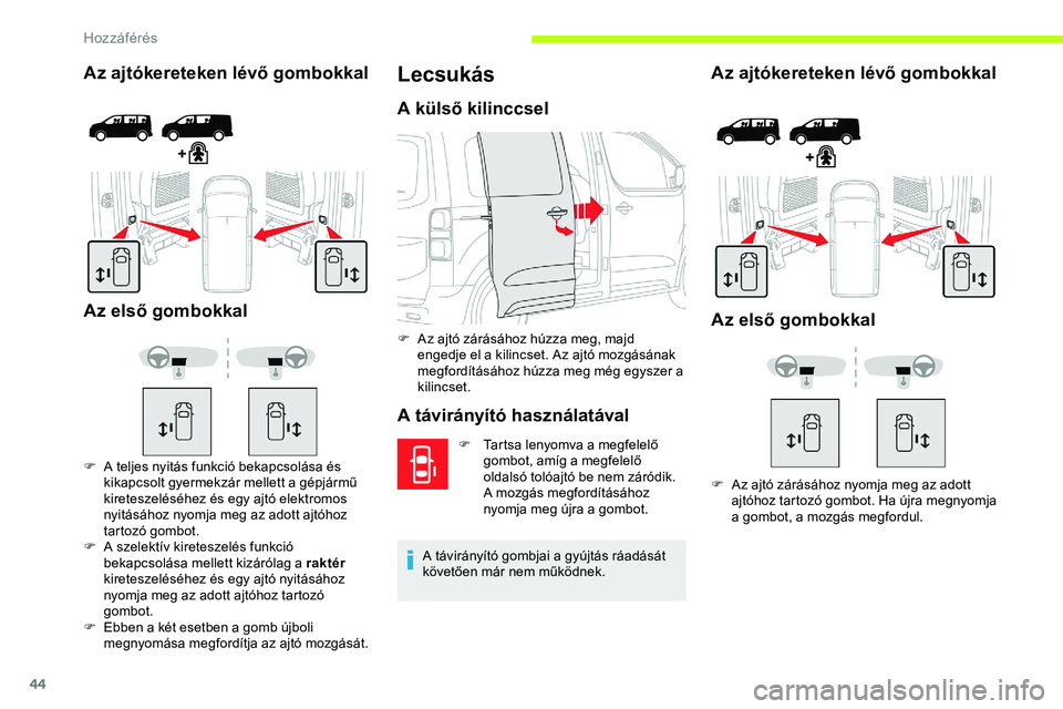 CITROEN JUMPER SPACETOURER 2020 Kezelési útmutató (in Hungarian) 44
Az ajtókereteken lévő gombokkal
Az első gombokkal
F A teljes nyitás funkció bekapcsolása és kikapcsolt gyermekzár mellett a gépjármű
kireteszeléséhez és egy ajtó elektromos
nyit CITROEN JUMPER SPACETOURER 2020 Kezelési útmutató (in Hungarian) 44
Az ajtókereteken lévő gombokkal
Az első gombokkal
F A teljes nyitás funkció bekapcsolása és kikapcsolt gyermekzár mellett a gépjármű
kireteszeléséhez és egy ajtó elektromos
nyit