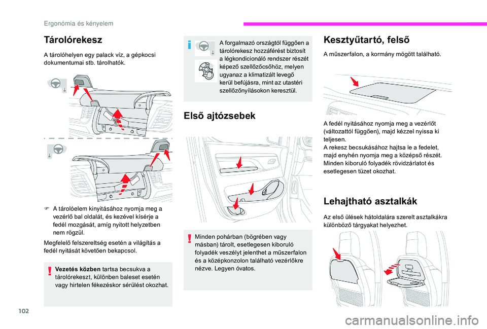 CITROEN JUMPER SPACETOURER 2018 Kezelési útmutató (in Hungarian) 102
Tárolórekesz
A tárolóhelyen egy palack víz, a gépkocsi
dokumentumai stb. tárolhatók.
F
A t
árolóelem kinyitásához nyomja meg a
vezérlő bal oldalát, és kezével kísérje a
fed CITROEN JUMPER SPACETOURER 2018 Kezelési útmutató (in Hungarian) 102
Tárolórekesz
A tárolóhelyen egy palack víz, a gépkocsi
dokumentumai stb. tárolhatók.
F
A t
árolóelem kinyitásához nyomja meg a
vezérlő bal oldalát, és kezével kísérje a
fed