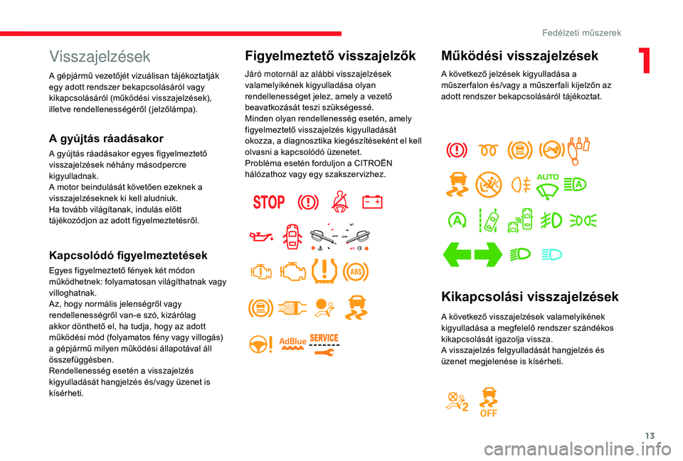CITROEN JUMPER SPACETOURER 2018  Kezelési útmutató (in Hungarian) 13
Működési visszajelzések
A következő jelzések kigyulladása a 
műszer falon és/vagy a műszer fali kijelzőn az 
adott rendszer bekapcsolásáról tájékoztat.
Kikapcsolási visszajelzése