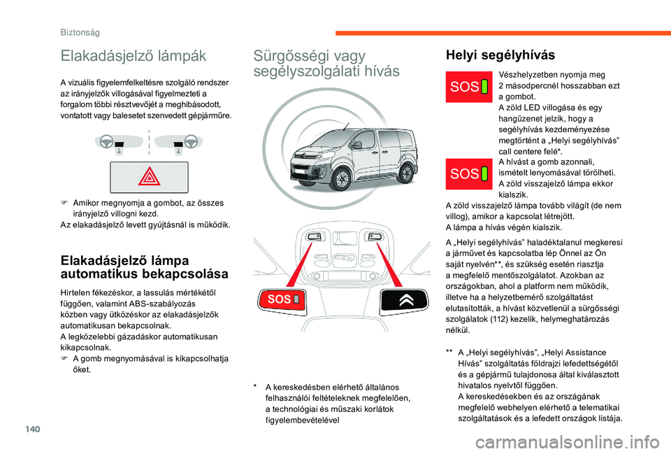 CITROEN JUMPER SPACETOURER 2018 Kezelési útmutató (in Hungarian) 140
Elakadásjelző lámpák
A vizuális figyelemfelkeltésre szolgáló rendszer
az irányjelzők villogásával figyelmezteti a
forgalom többi résztvevőjét a meghibásodott,
vontatott vagy ba CITROEN JUMPER SPACETOURER 2018 Kezelési útmutató (in Hungarian) 140
Elakadásjelző lámpák
A vizuális figyelemfelkeltésre szolgáló rendszer
az irányjelzők villogásával figyelmezteti a
forgalom többi résztvevőjét a meghibásodott,
vontatott vagy ba