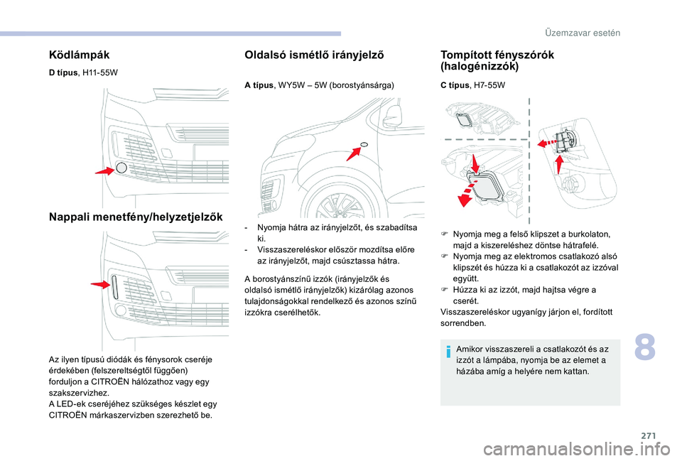 CITROEN JUMPER SPACETOURER 2018 Kezelési útmutató (in Hungarian) 271
Ködlámpák
D típus, H11-55W
Nappali menetfény/helyzetjelzők
Az ilyen típusú diódák és fénysorok cseréje
érdekében (felszereltségtől függően)
forduljon a CITROËN hálózathoz v CITROEN JUMPER SPACETOURER 2018 Kezelési útmutató (in Hungarian) 271
Ködlámpák
D típus, H11-55W
Nappali menetfény/helyzetjelzők
Az ilyen típusú diódák és fénysorok cseréje
érdekében (felszereltségtől függően)
forduljon a CITROËN hálózathoz v