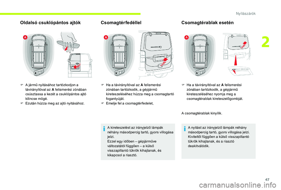 CITROEN JUMPER SPACETOURER 2018 Kezelési útmutató (in Hungarian) 47
Oldalsó csuklópántos ajtókCsomagtérfedéllel
A kireteszelést az irányjelző lámpák
néhány másodpercig tartó, gyors villogása
jelzi.
Ezzel egy időben – gépjárműve
változatát CITROEN JUMPER SPACETOURER 2018 Kezelési útmutató (in Hungarian) 47
Oldalsó csuklópántos ajtókCsomagtérfedéllel
A kireteszelést az irányjelző lámpák
néhány másodpercig tartó, gyors villogása
jelzi.
Ezzel egy időben – gépjárműve
változatát