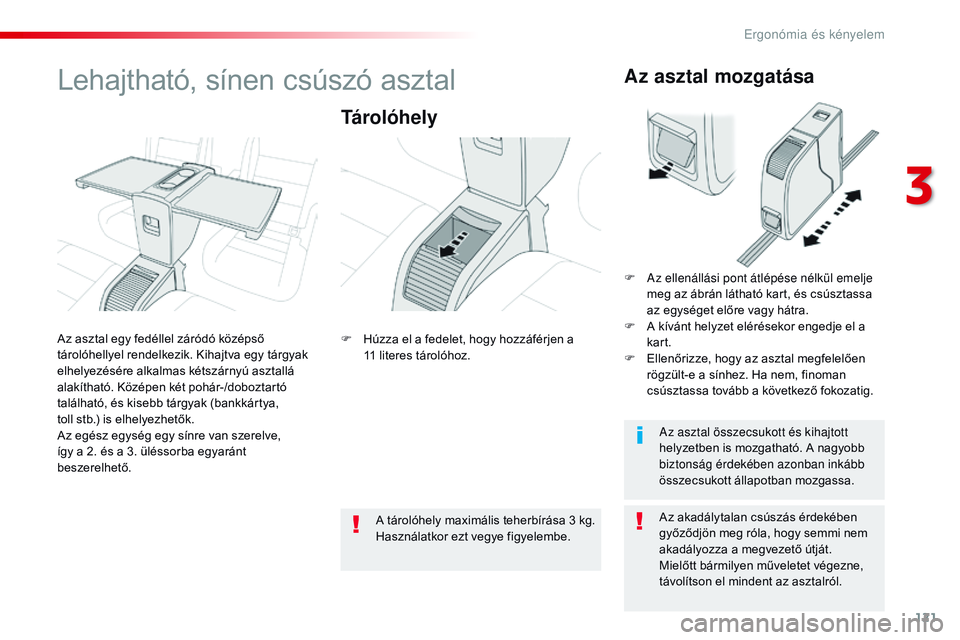 CITROEN JUMPER SPACETOURER 2017  Kezelési útmutató (in Hungarian) 121
Spacetourer-VP_hu_Chap03_ergonomie-et-confort_ed01-2016
Lehajtható, sínen csúszó asztal
Tárolóhely
Az akadálytalan csúszás érdekében 
győződjön meg róla, hogy semmi nem 
akadályozz