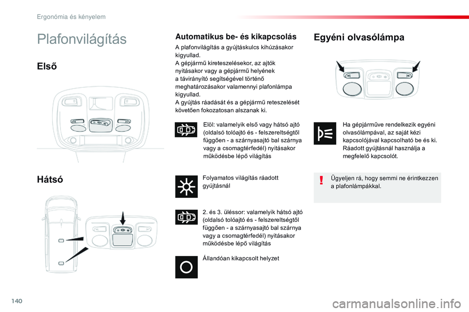 CITROEN JUMPER SPACETOURER 2017  Kezelési útmutató (in Hungarian) 140
Spacetourer-VP_hu_Chap03_ergonomie-et-confort_ed01-2016
Egyéni olvasólámpa
HátsóPlafonvilágításAutomatikus be- és kikapcsolás
A plafonvilágítás a gyújtáskulcs kihúzásakor 
kigyull