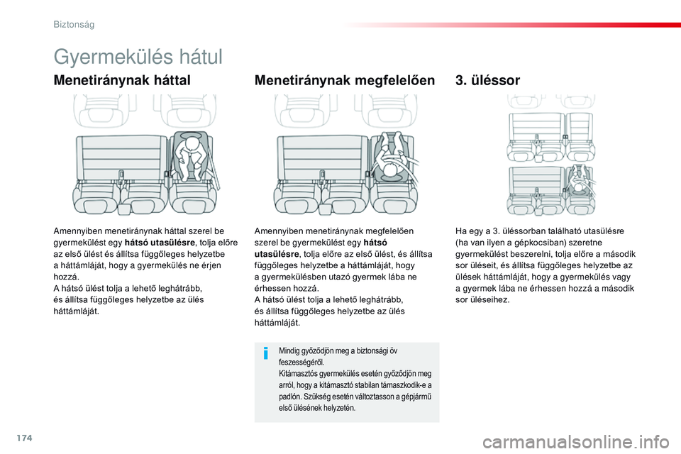 CITROEN JUMPER SPACETOURER 2017  Kezelési útmutató (in Hungarian) 174
Spacetourer-VP_hu_Chap05_securite_ed01-2016
Gyermekülés hátul
Menetiránynak háttal
Amennyiben menetiránynak háttal szerel be 
gyermekülést egy hátsó utasülésre, tolja előre 
az első