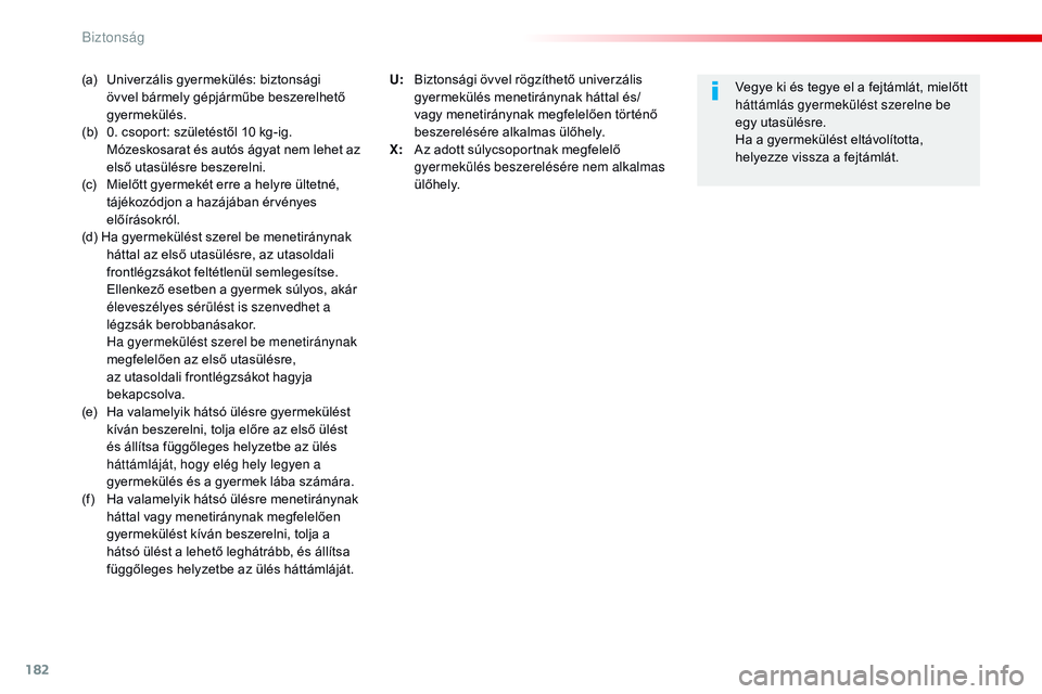 CITROEN JUMPER SPACETOURER 2017  Kezelési útmutató (in Hungarian) 182
Spacetourer-VP_hu_Chap05_securite_ed01-2016
(a) Univerzális gyermekülés: biztonsági övvel bármely gépjárműbe beszerelhető 
gyermekülés.
(b)
 
0
 . csoport: születéstől 10 kg-ig. 
M
