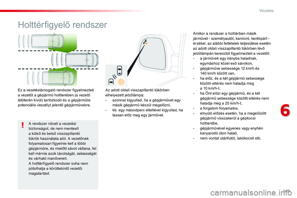 CITROEN JUMPER SPACETOURER 2017 Kezelési útmutató (in Hungarian) 249
Spacetourer-VP_hu_Chap06_conduite_ed01-2016
Holttérfigyelő rendszer
Az adott oldali visszapillantó tükörben
elhelyezett jelzőlámpa:
-
a
zonnal kigyullad, ha a gépjárművet egy
másik CITROEN JUMPER SPACETOURER 2017 Kezelési útmutató (in Hungarian) 249
Spacetourer-VP_hu_Chap06_conduite_ed01-2016
Holttérfigyelő rendszer
Az adott oldali visszapillantó tükörben
elhelyezett jelzőlámpa:
-
a
zonnal kigyullad, ha a gépjárművet egy
másik