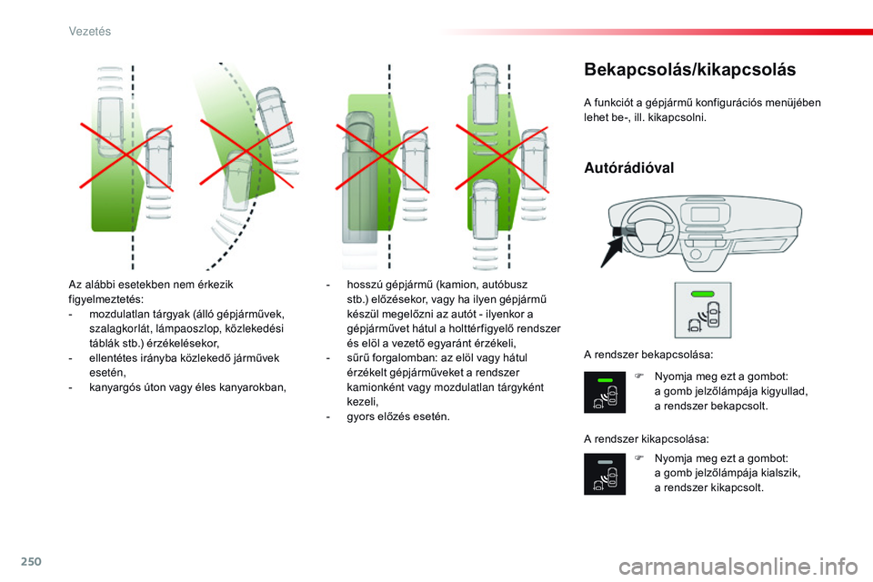 CITROEN JUMPER SPACETOURER 2017 Kezelési útmutató (in Hungarian) 250
Spacetourer-VP_hu_Chap06_conduite_ed01-2016
Az alábbi esetekben nem érkezik
figyelmeztetés:
-
m
ozdulatlan tárgyak (álló gépjárművek,
szalagkorlát, lámpaoszlop, közlekedési
tábl CITROEN JUMPER SPACETOURER 2017 Kezelési útmutató (in Hungarian) 250
Spacetourer-VP_hu_Chap06_conduite_ed01-2016
Az alábbi esetekben nem érkezik
figyelmeztetés:
-
m
ozdulatlan tárgyak (álló gépjárművek,
szalagkorlát, lámpaoszlop, közlekedési
tábl