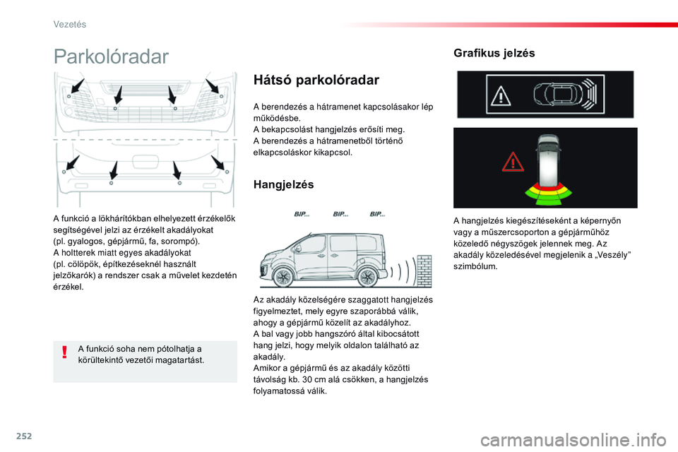 CITROEN JUMPER SPACETOURER 2017 Kezelési útmutató (in Hungarian) 252
Spacetourer-VP_hu_Chap06_conduite_ed01-2016
A funkció a lökhárítókban elhelyezett érzékelők
segítségével jelzi az érzékelt akadályokat
(pl. gyalogos, gépjármű, fa, sorompó).
A CITROEN JUMPER SPACETOURER 2017 Kezelési útmutató (in Hungarian) 252
Spacetourer-VP_hu_Chap06_conduite_ed01-2016
A funkció a lökhárítókban elhelyezett érzékelők
segítségével jelzi az érzékelt akadályokat
(pl. gyalogos, gépjármű, fa, sorompó).
A