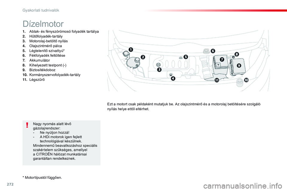 CITROEN JUMPER SPACETOURER 2017  Kezelési útmutató (in Hungarian) 272
Spacetourer-VP_hu_Chap07_info-pratiques_ed01-2016
* Motortípustól függően.
Dízelmotor
1. Ablak- és fényszórómosó folyadék tartálya
2. Hűtőfolyadék-tartály
3.
 M

otorolaj-betöltő