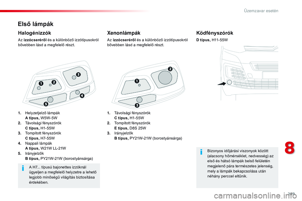 CITROEN JUMPER SPACETOURER 2017 Kezelési útmutató (in Hungarian) 299
Spacetourer-VP_hu_Chap08_En-cas-de-panne_ed01-2016
Első lámpák
Xenonlámpák
Az izzócseréről és a különböző izzótípusokról
bővebben lásd a megfelelő részt.
Halogénizzók
Az izz CITROEN JUMPER SPACETOURER 2017 Kezelési útmutató (in Hungarian) 299
Spacetourer-VP_hu_Chap08_En-cas-de-panne_ed01-2016
Első lámpák
Xenonlámpák
Az izzócseréről és a különböző izzótípusokról
bővebben lásd a megfelelő részt.
Halogénizzók
Az izz